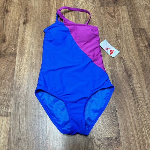 Lands End Womens Blue Purple Color Block Cut Out One Piece Swim Suit Size 2 NEW - Picture 1 of 7